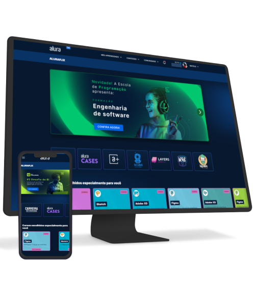 Um monitor ou celular com o Alura Plus